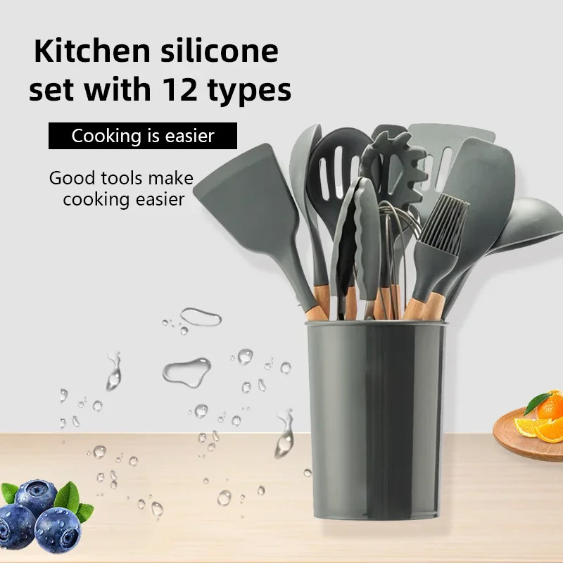 Kitchen Baking Pan Storage - 12-piece Set Wooden Handle Silicone Kitchen